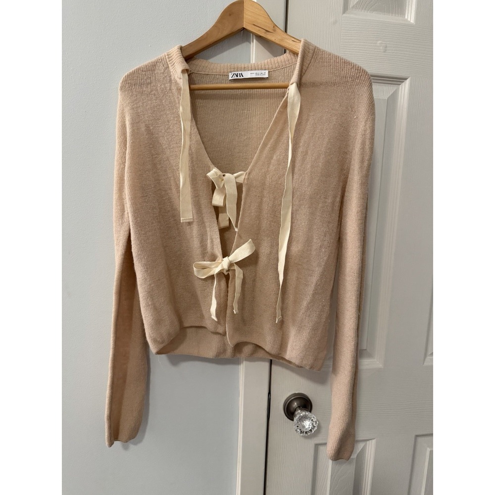 Zara Alpaca Wool Blend Cardigan S Ribbon Tie Front Cropped Coquette Balletcore